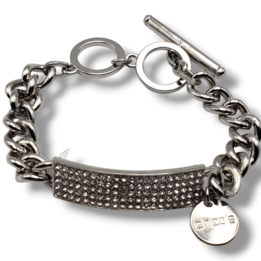 Chico's Silver Tone Pave Crystal Bar Chunky Toggle ID Bracelet